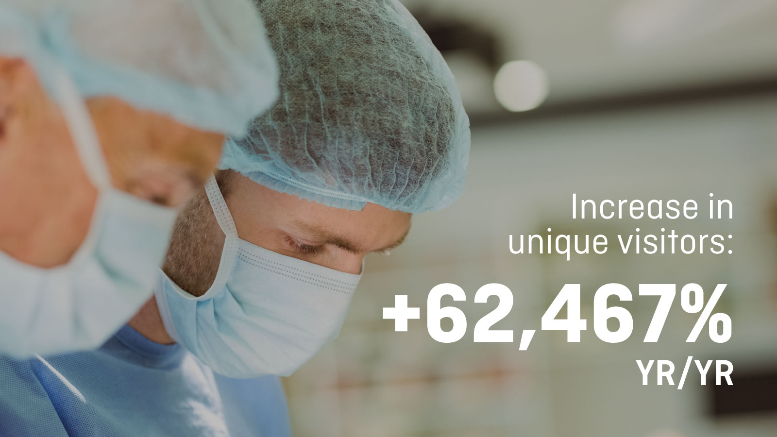 Digital marketing image of two surgeons with website stats. 